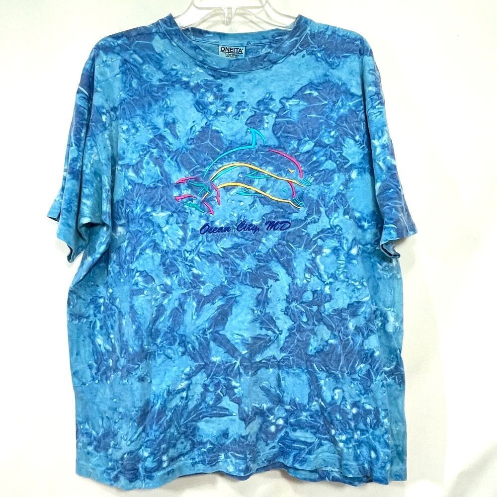 Vintage Oneita T Shirt Mens Large Blue Dolphin Ocean City Embroidered Souvenir
